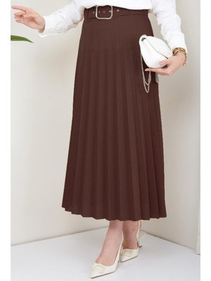 Kahverengi Kemerli Piliseli Etek