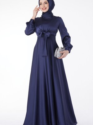 Lacıvert Düz Saten Ortadan Bağlamalı Abiye Elbise
