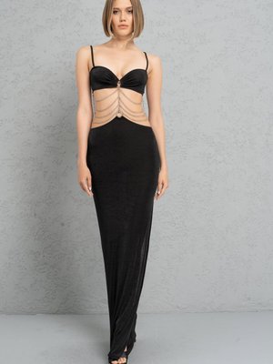 Siyah Beli Zincir Detaylı Elbise