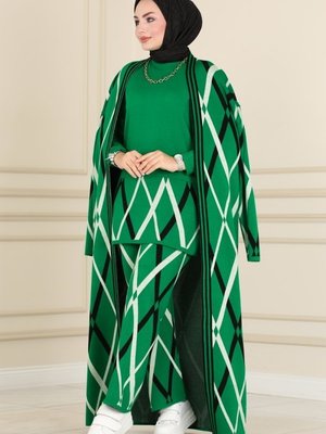 Benetton Yeşili Baklava Desenli Triko Üçlü Takım Benetton Yeşili Baklava Desenli Triko Üçlü Takım