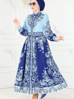 Mavi & Saks Yaka Atlas Gömlek Elbise