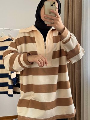 Oversize Çizgili Sweat Kahverengi
