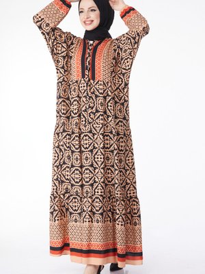 Düz Hakim Yaka Somon Desenli Düğmeli Elbise Düz Hakim Yaka Somon Desenli Düğmeli Elbise