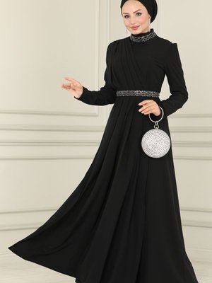 Siyah Drapeli Krep Elbise
