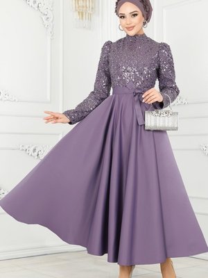 Lila Pul İşlemeli Abiye Elbise