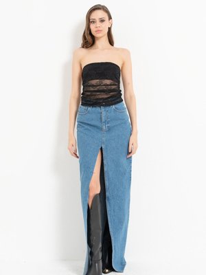 Mavi Önden Yırtmaçlı Uzun Kot Etek