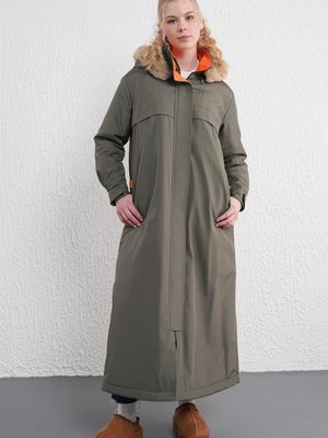 Çıkarılabilir Kapüşonlu Suni Kürk Detay Haki Mont