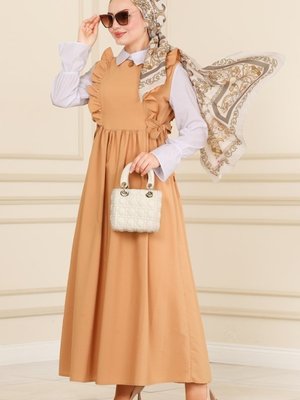 Latte Göğsü Fırfırlı Terikoton Elbise