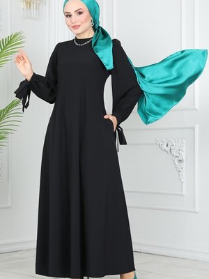Siyah Manşeti Bağcıklı Krep Elbise