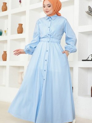 Bebe Mavisi Çizgili Poplin Elbise