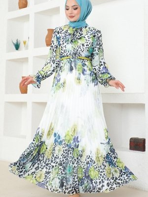 Yağ Yeşili & Ekru Piliseli Kemerli Şifon Elbise