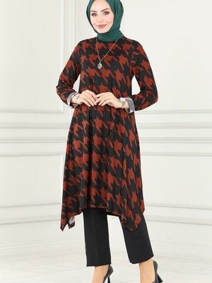Taba & Siyah Kazayağı Desenli Kışlık Tunik Taba & Siyah Kazayağı Desenli Kışlık Tunik