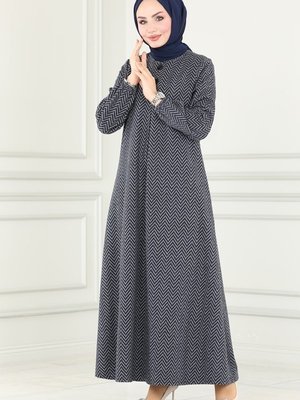 Lacivert Düğme Detaylı Kışlık Elbise