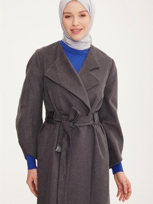 Balon Kollu Manto Açık Antrasit