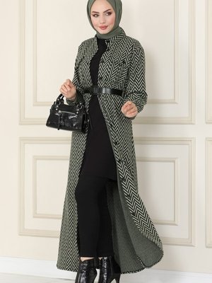 Haki Deri Kemerli Kışlık Elbise & Ferace