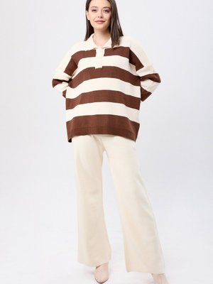 Krem Çizgili Triko Takım