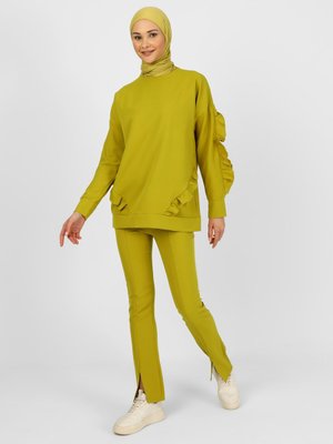 Yağ Yeşili Beli Lastikli Yırtmaçlı Pantolon