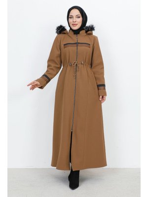 Camel Deri Detaylı Boydan Fermuarlı Kaşe Kaban Camel Deri Detaylı Boydan Fermuarlı Kaşe Kaban