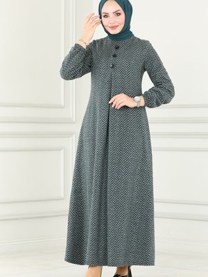 Zümrüt Düğme Detaylı Kışlık Elbise