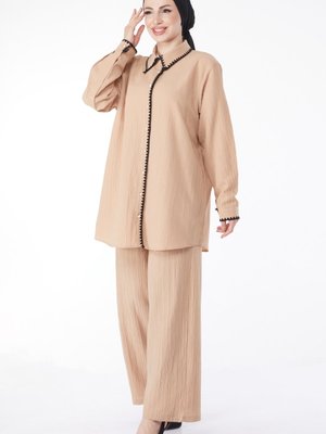Düz Gömlek Yaka Vizon Tunik Pantolon İkili Takım