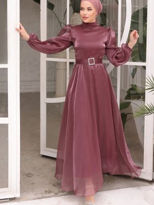 Koyu Gül Kurusu Kemerli Janjan Abiye Elbise