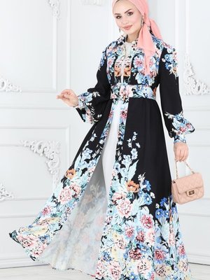 Siyah Çiçek Desenli Atlas Elbise