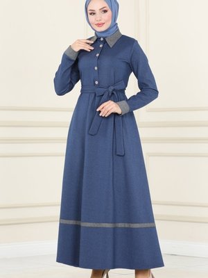 İndigo Biye Detaylı Kışlık Elbise