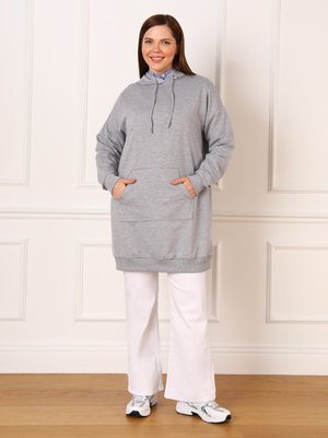 Gri Melanj Büyük Beden Pamuklu Kapişonlu Sweatshirt