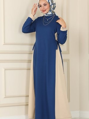 İndigo & Taş Çift Renkli Elbise