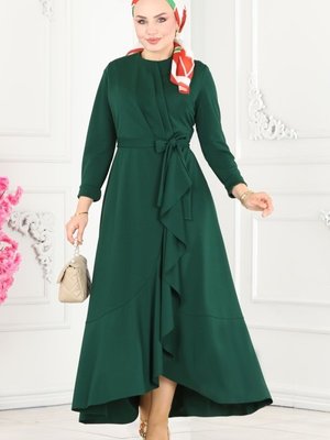 Zümrüt Eteği Volanlı Elbise