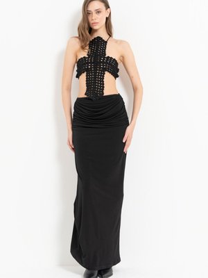 Siyah Bel Lastikli Büzgülü Uzun Etek