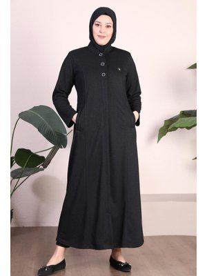 Siyah Kadin Büyük Beden Düğmeli Pardesü