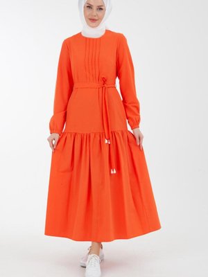 Trend Kolları Lastikli Eteği Büzgü Detaylı Elbise Oranj
