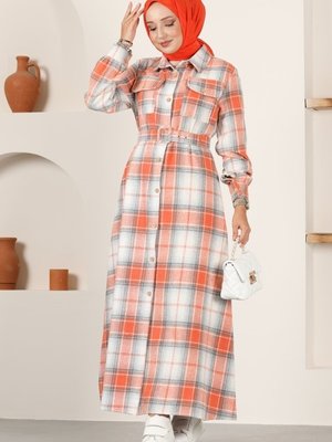 Oranj Kaplama Kemerli Ekose Elbise