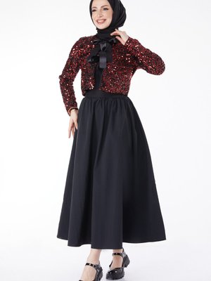 Düz Yaka Bordo Payetli Ceket + Etek İkili Takım