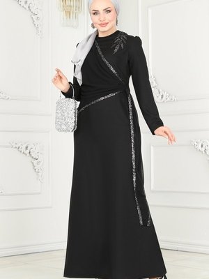 Siyah Şifon Detaylı Payetli Elbise