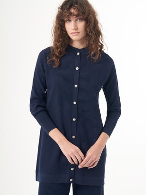 Merserize Çizgi Detay Düğmeli Hırka Lacivert