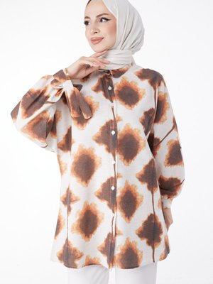 Düz Gömlek Yaka Taba Bilek Bağcık Detaylı Desenli Tunik