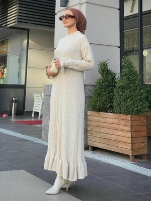 Alice Kolu Düğmeli Triko Elbise Vizon Alice Kolu Düğmeli Triko Elbise Vizon