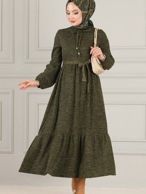 Haki Yakası Bağcıklı Selanik Elbise