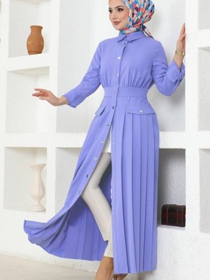 Lila Eteği Piliseli Krep Elbise