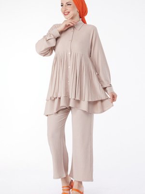 Düz Gömlek Yaka Bej Piliseli İkili Takım