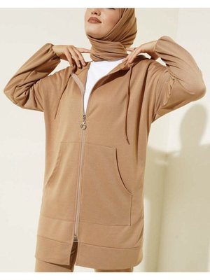 Pamuklu İkili Eşofman Takımı Camel Kapüşonlu Fermuarlı Cepli Slim Fit