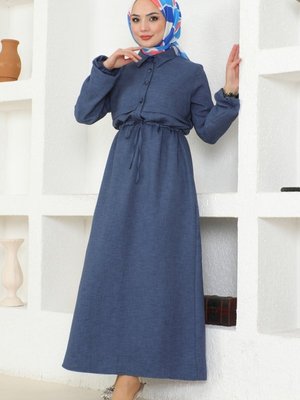 İndigo Bolero Detaylı Keten Elbise