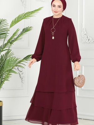 Bordo Kolyeli Şifon Elbise Bordo Kolyeli Şifon Elbise