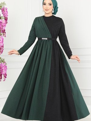 Zümrüt & Siyah Çift Renkli Kemerli Elbise