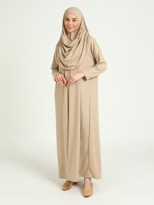 Bej Çantalı Tek Parça Namaz Elbisesi