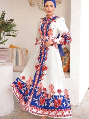 Ekru Sual Desenli Atlas Elbise Ekru Sual Desenli Atlas Elbise