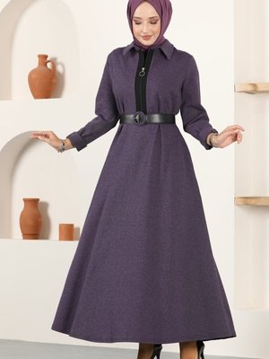 Lila Kemerli Kışlık Elbise