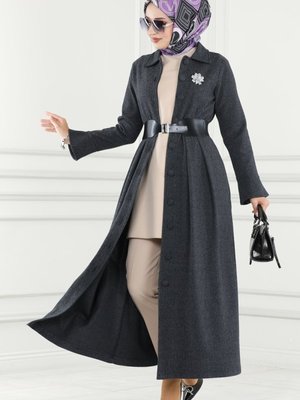 Antrasit Deri Kemerli Balıksırtı Ferace & Elbise Antrasit Deri Kemerli Balıksırtı Ferace & Elbise